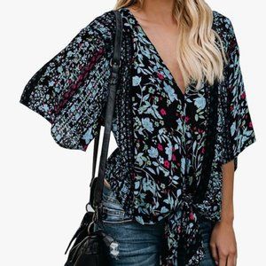 Women's Floral Short Sleeve V Neck Kimono Shift Tops Tie Front Flare Chiffon Blo